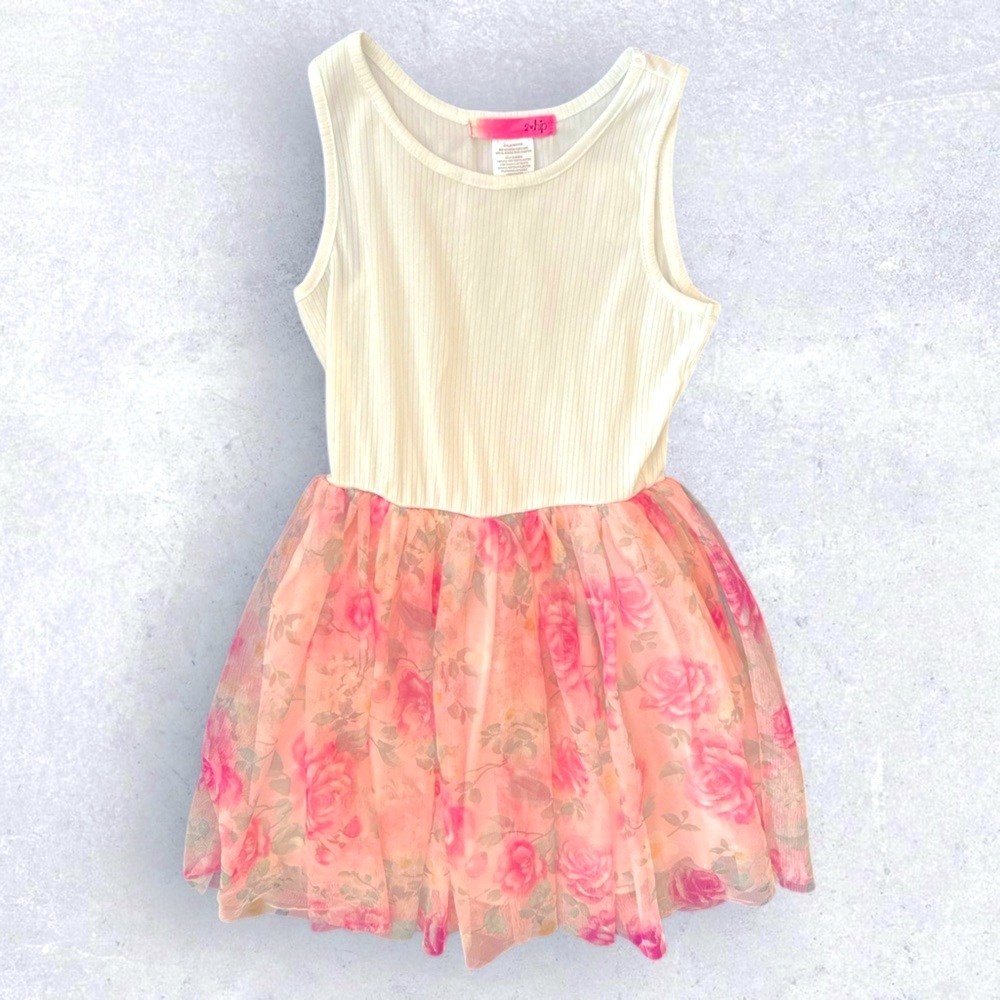 {4for$20} Girls Floral Sleeveless Adorable Flirty Dress with Cream Top | Lined